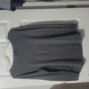 Gray sweater with silver thread edging on neck and side seams rib knit arms